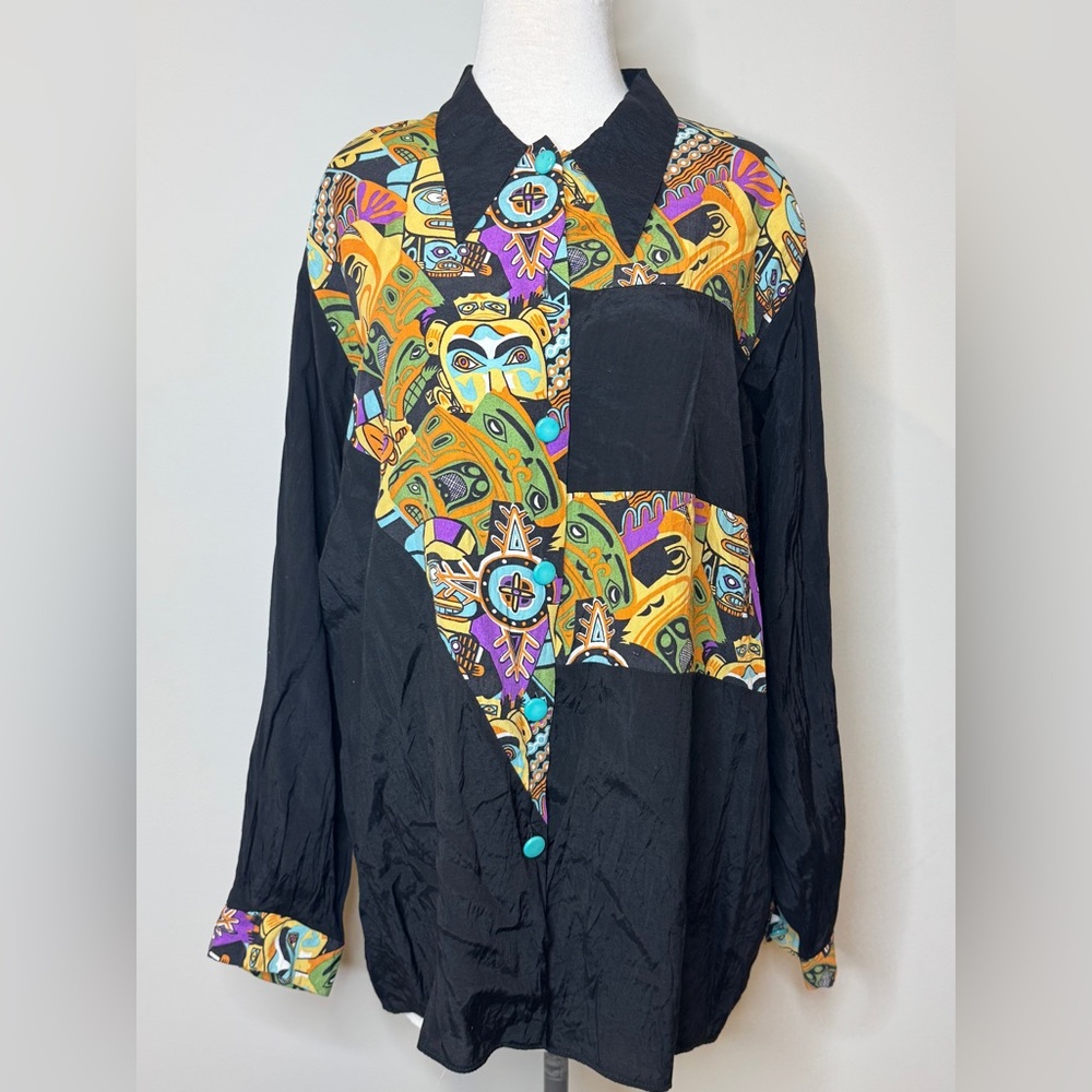 New Fast Vintage Colorful Faces Patterned Blouse Size 1X Dagger Collar